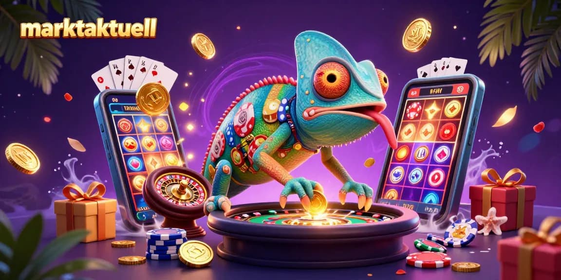 Explore thrilling casino adventures with marktaktuell's vibrant chameleon character, collecting gold coins!