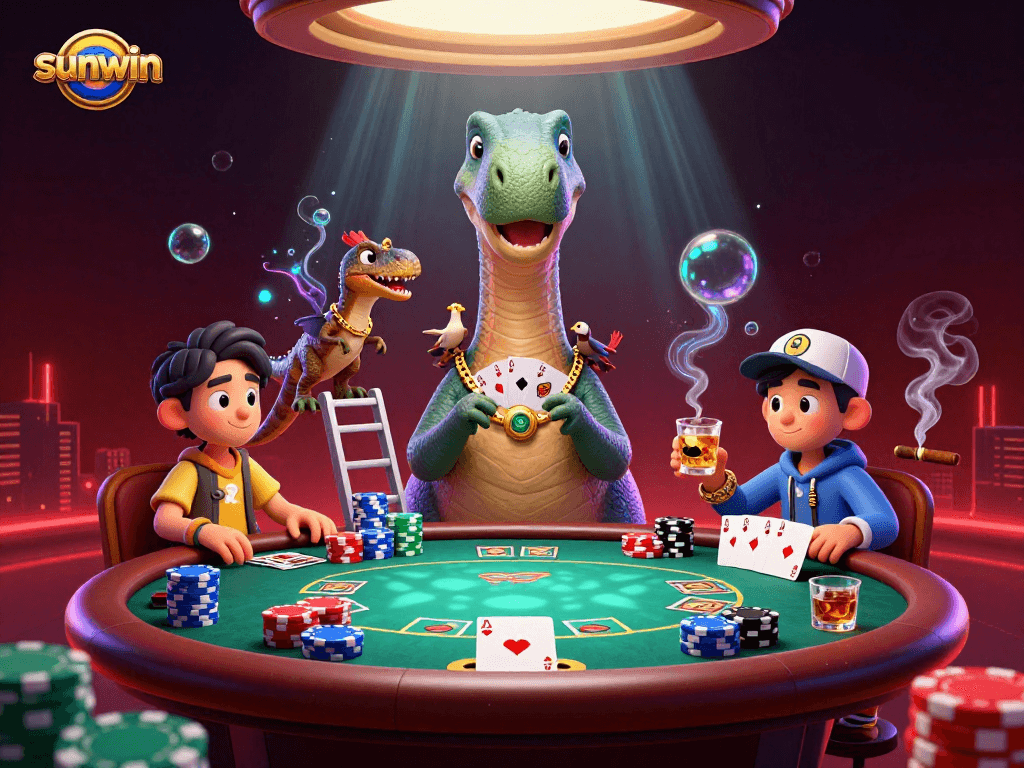 Play cards in style with sunwin at this 3D casino featuring dinosaurs and poker!