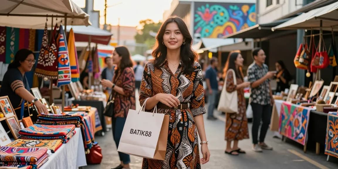 BATIK88 dalam suasana pasar urban, wanita muda mengenakan gaun batik bergaya.