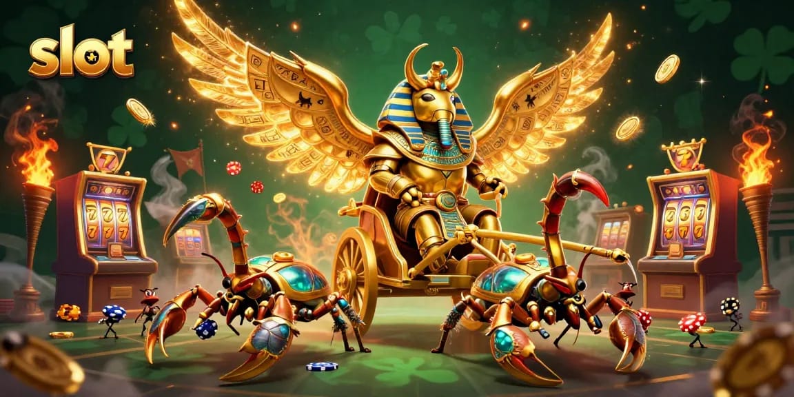 Spin the reels with the golden scarab beetle in this engaging slot casino illustration.