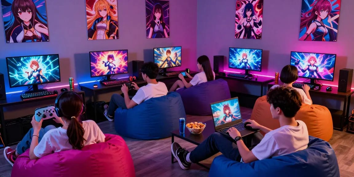 Engaged gamers enjoying hentai games in a vibrant lounge setting with neon lighting.