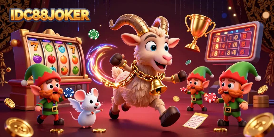 Experience excitement at IDC88JOKER with cartoon characters in a vibrant casino scene filled with slot reels.