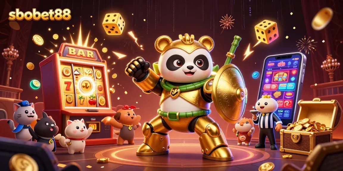 SBOBET88 showcases animated panda piloting a fighting robot amidst vibrant casino action.