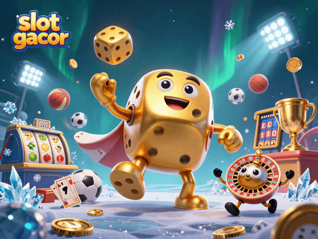 Menangkan jackpot besar di slot gacor dengan komposisi berwarna emas dan elemen kasino menarik.