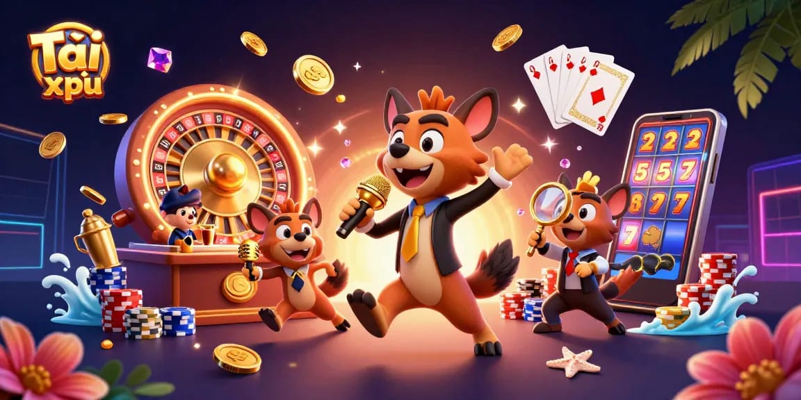 Tài xỉu game featuring cartoon hyenas in a vibrant casino scene with golden coins and roulette wheel