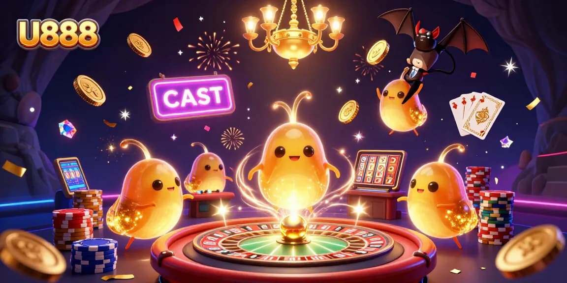 Experience the excitement of U888 with lively glowworms lighting a vibrant casino scene.