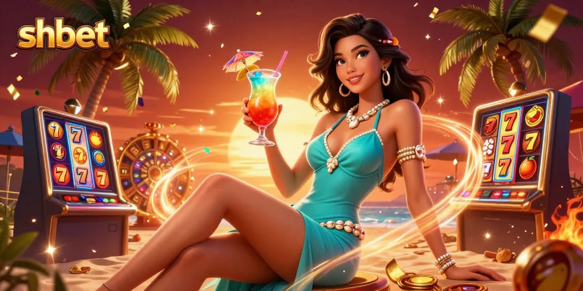 shbet's vibrant casino scene featuring a glamorous Asian woman enjoying a slot game cocktail.