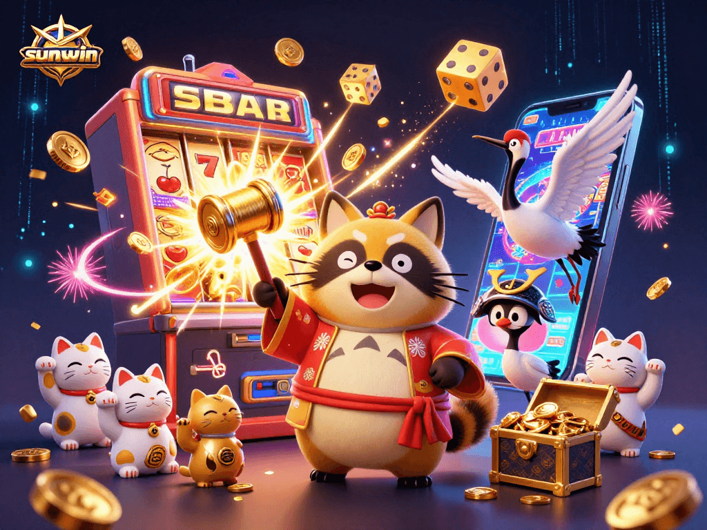 Experience the excitement with sunwin's vibrant 3D casino illustration featuring joyful characters.