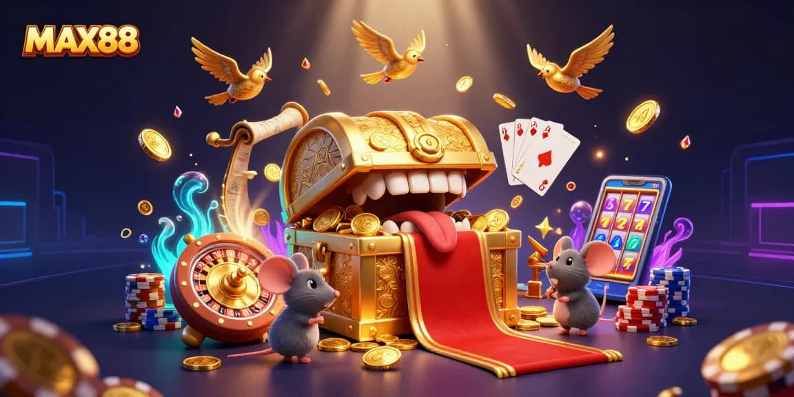 Max88 casino illustration showcasing a treasure chest luring player mice with riches amid dynamic gaming elements.