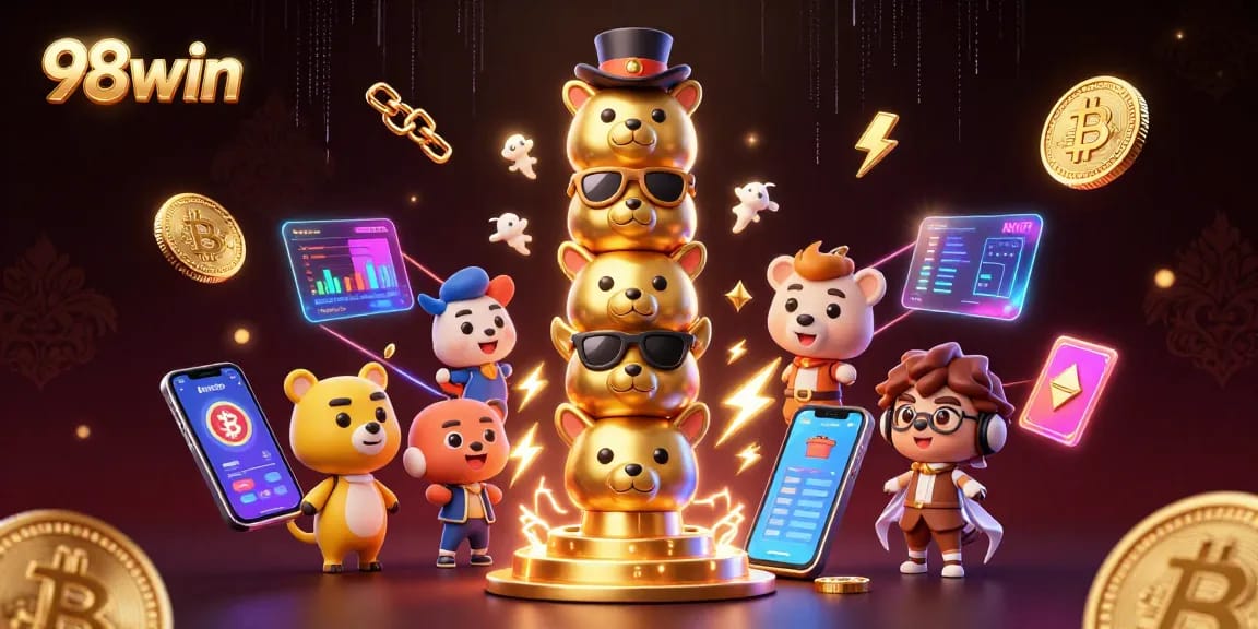 Engage with 98win's vibrant casino scene featuring unique animal totem characters and crypto elements.