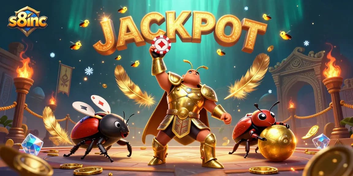 Experience the thrill of winning at s8inc with a dynamic illustration of a victorious beetle in gladiator armor!