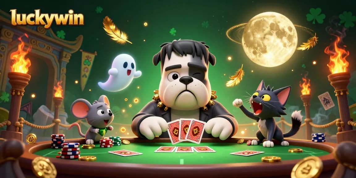 Experience winning moments at luckywin with a lively 3D illustration featuring a Frankenstein bulldog dealer.