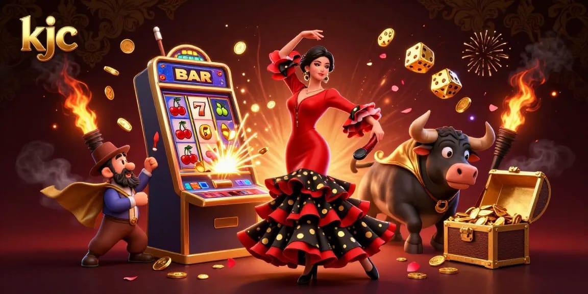 Experience the excitement of kjc with a dynamic 3D casino scene featuring a flamenco dancer and a golden bull amidst slot machine winnings.