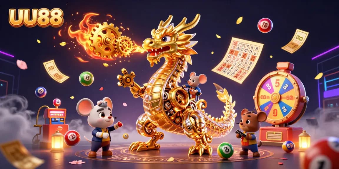 UU88 showcases a vibrant casino scene with a detailed dragon and fantastic game elements.