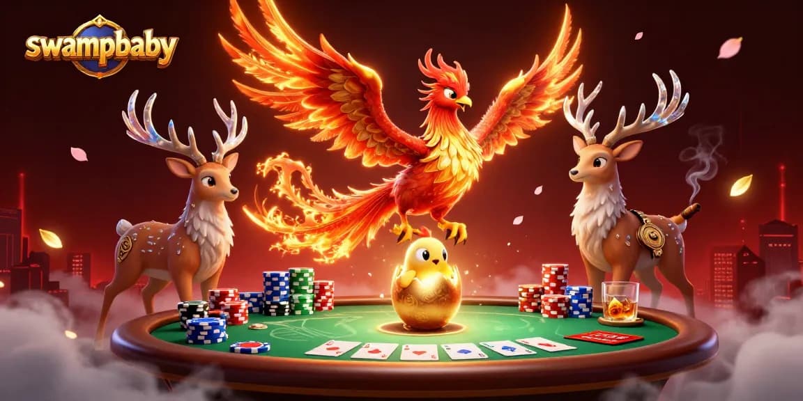 Play exciting poker with swampbaby, featuring vibrant phoenix characters and colorful chips.