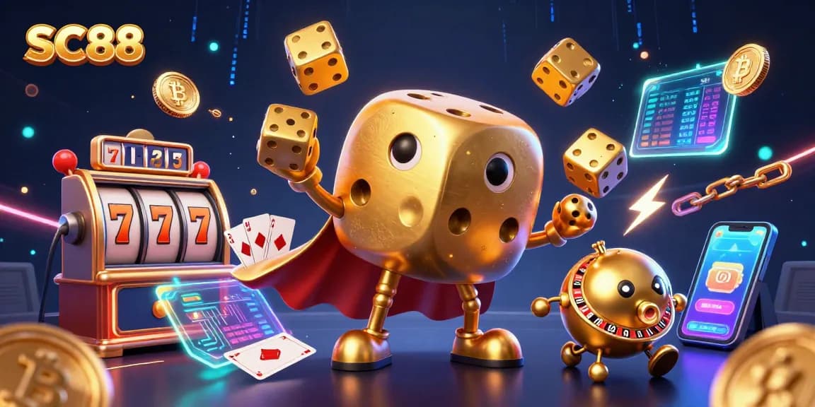 SC88 illustrates a thrilling casino scene with golden dice and crypto elements capturing excitement.