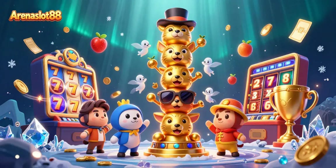 Arenaslot88 menampilkan simbol slot, jackpot, dan totem berwarna emas dalam adegan kasino yang meriah