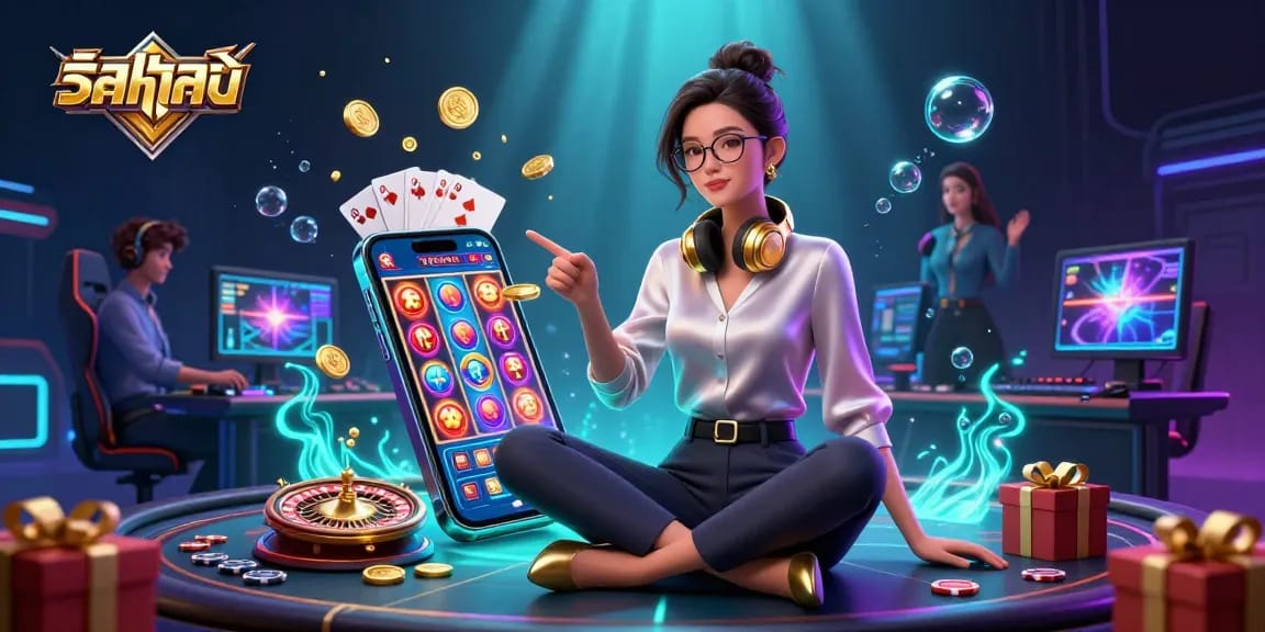 Engaging scene of a professional gamer exploring កាស៊ីណូអនឡាញ with spinning slot reels and vibrant game elements.
