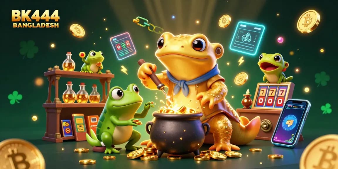 Engage with BK444 BANGLADESH in a vibrant 3D casino scene showcasing gold transmutation and exciting slots.