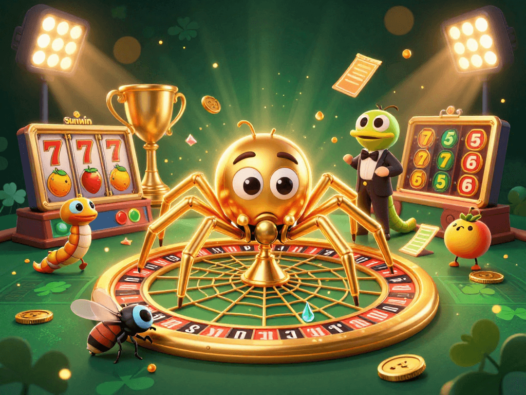 Sunwin showcases an engaging casino scene with a golden spider and animated betting activities.
