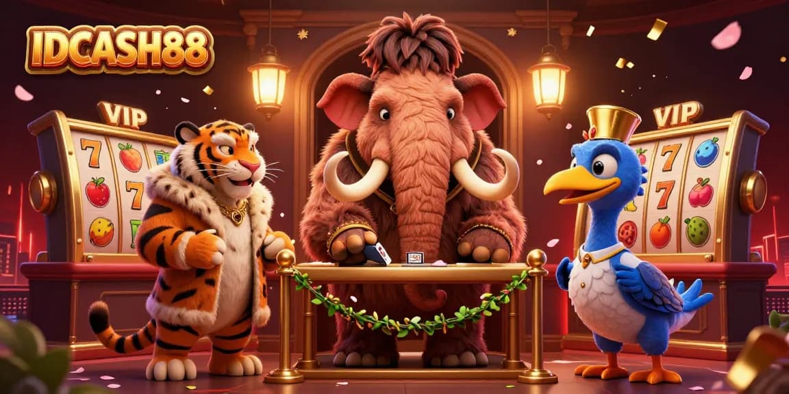 Experience exciting gameplay at IDCASH88 with a vibrant scene featuring a woolly mammoth, tiger, and dodo welcoming players to a colorful casino atmosphere.