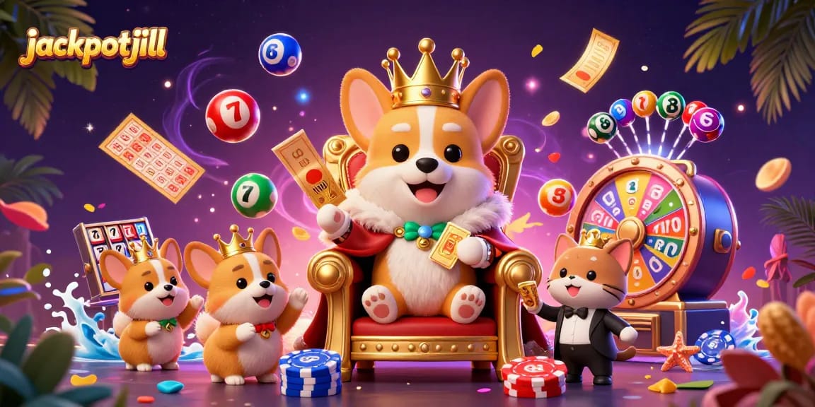 Engage with jackpotjill's vibrant casino scene featuring a royal corgi on a throne of poker chips.
