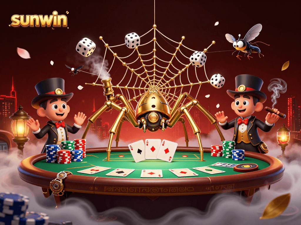 Experience sunwin's vibrant casino scene with a steampunk spider web of games and chance.