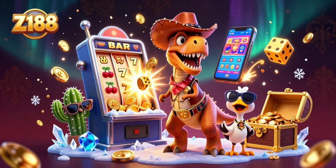Z188 promotes exciting gameplay with a vibrant 3D illustration of a cowboy dinosaur, jackpot symbols, and dynamic casino elements.