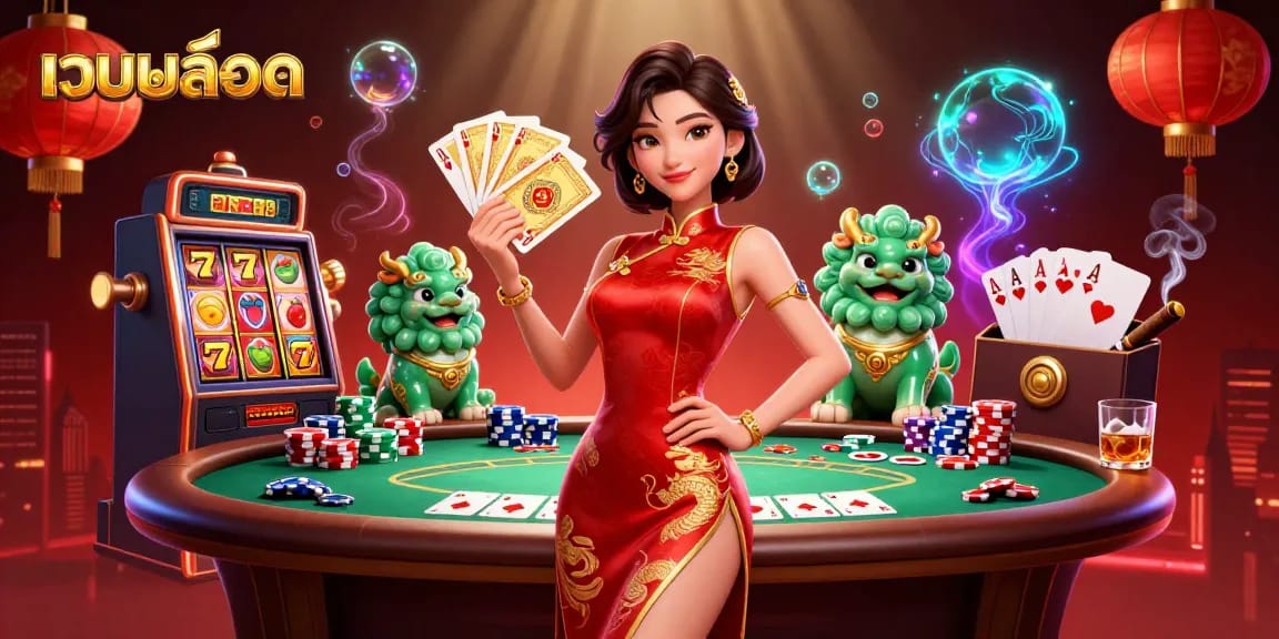 Play engaging เว็บสล็อต games with vibrant slot reels and colorful poker elements in this dynamic illustration.