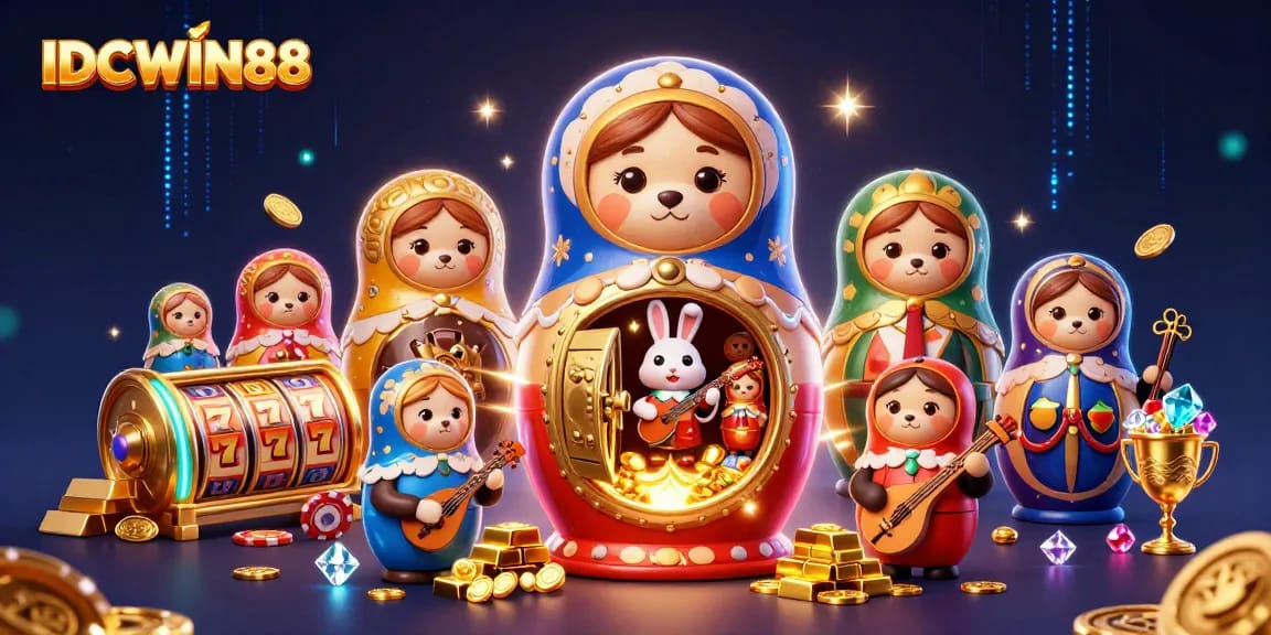 Win big with IDCWIN88 as cartoon bears celebrate in a vibrant casino setting.