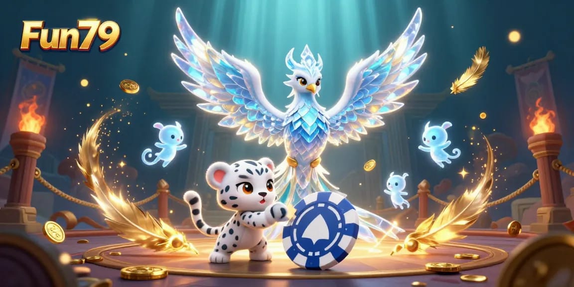 Bet on Fun79 with an ice phoenix and snow leopard in a vibrant casino scene.
