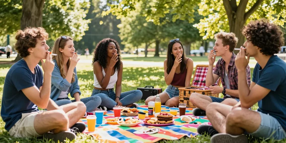 Group of friends enjoying rokok88 super cigarettes at a park picnic