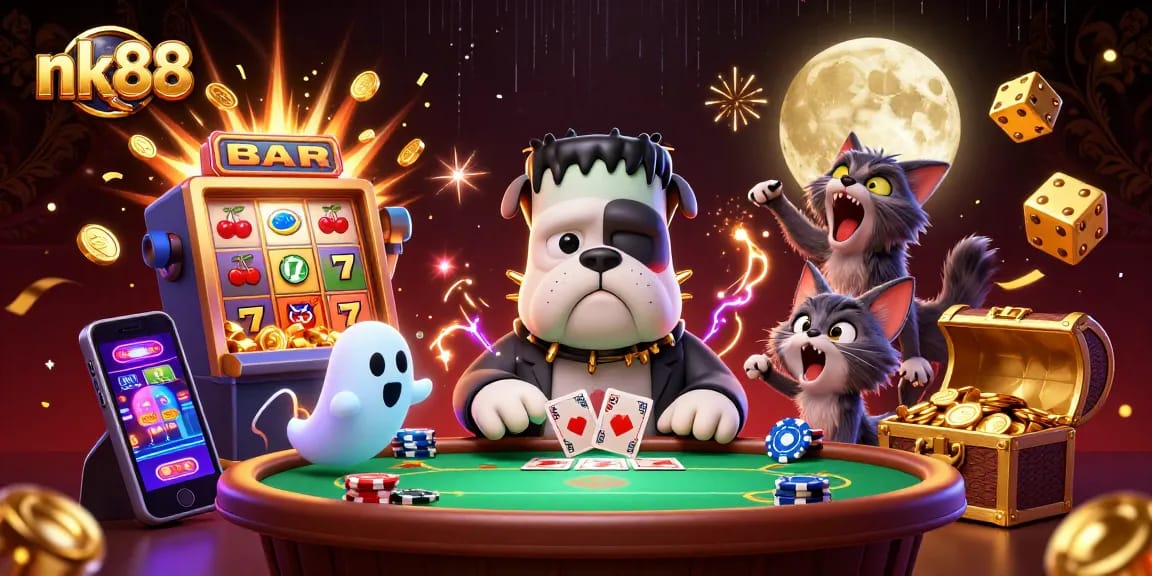 Engage in nk88 gaming thrills at a casino table with unique characters and colorful slot elements.
