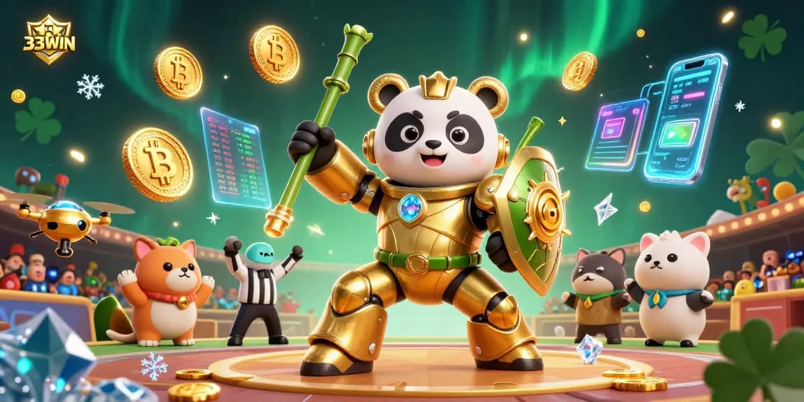 Engage in thrilling gaming experiences with 33WIN's dynamic casino illustration, featuring vibrant characters and crypto elements.