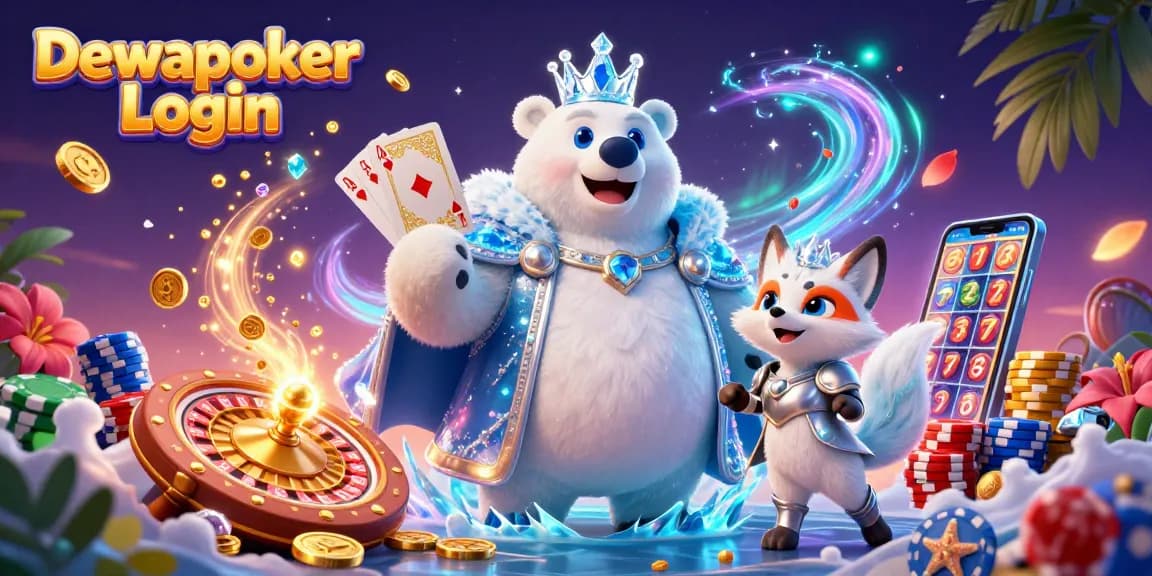 Dewapoker Login showcases a vibrant casino scene with a polar bear king amidst slots and poker elements.