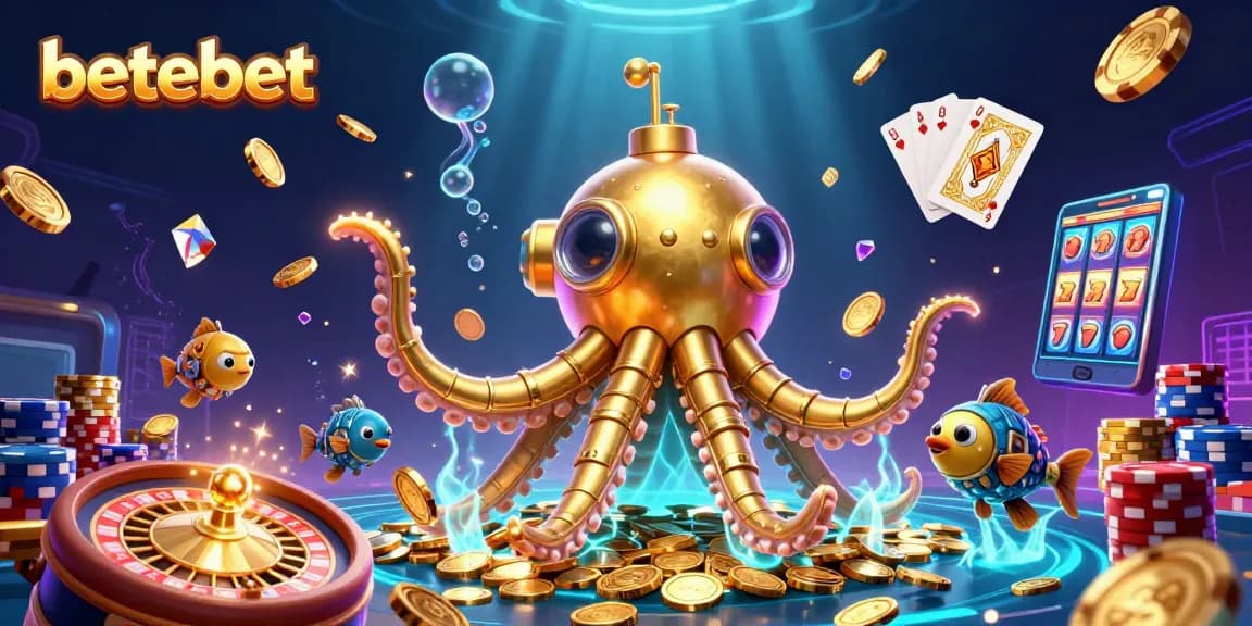 Win with betebet in a vibrant underwater casino scene filled with golden coins, roulette, and playing cards.