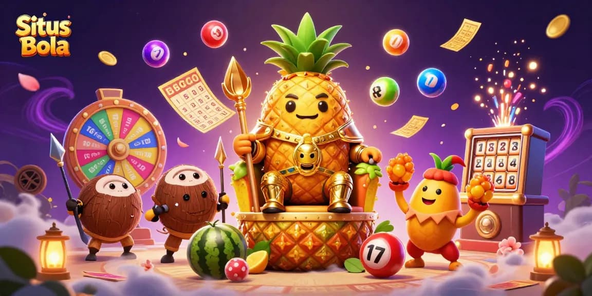 Situs Bola showcases an energetic scene of a golden pineapple king and colorful gambling elements, perfect for online betting enthusiasts.