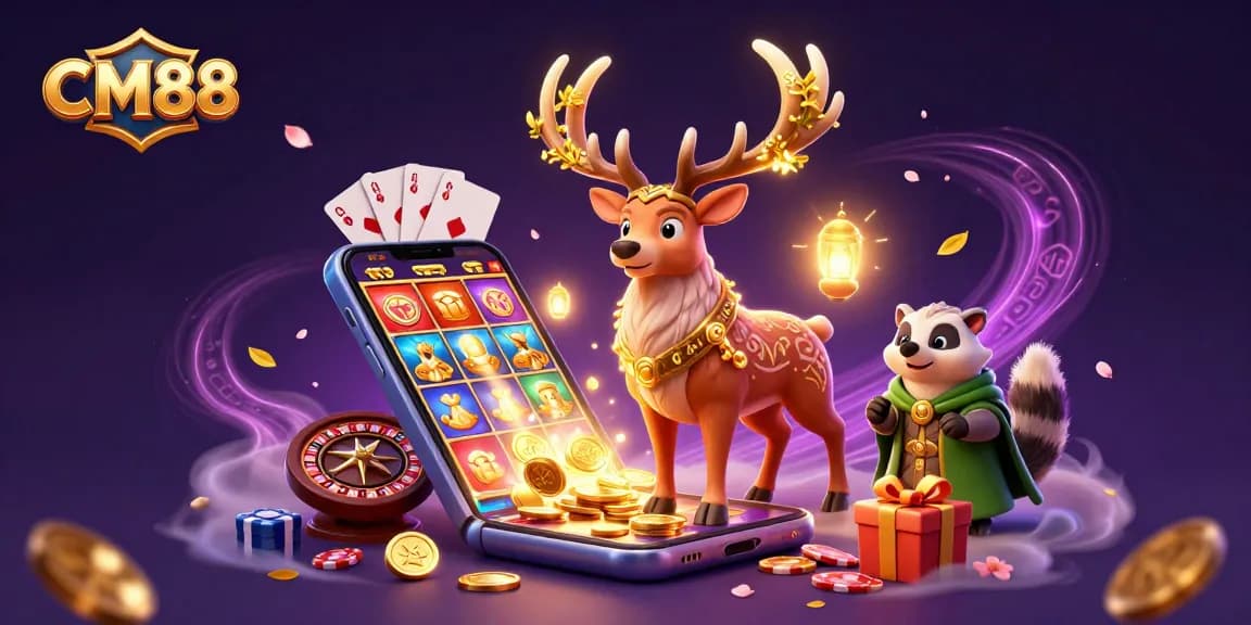 Experience CM88 with a dynamic scene showcasing a Celtic stag, badger, and exciting casino elements.