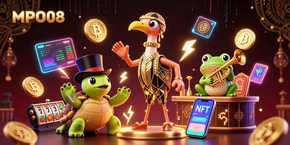 Enjoy a rich gaming experience at MPO08 with vibrant visuals showcasing online slots and crypto elements.
