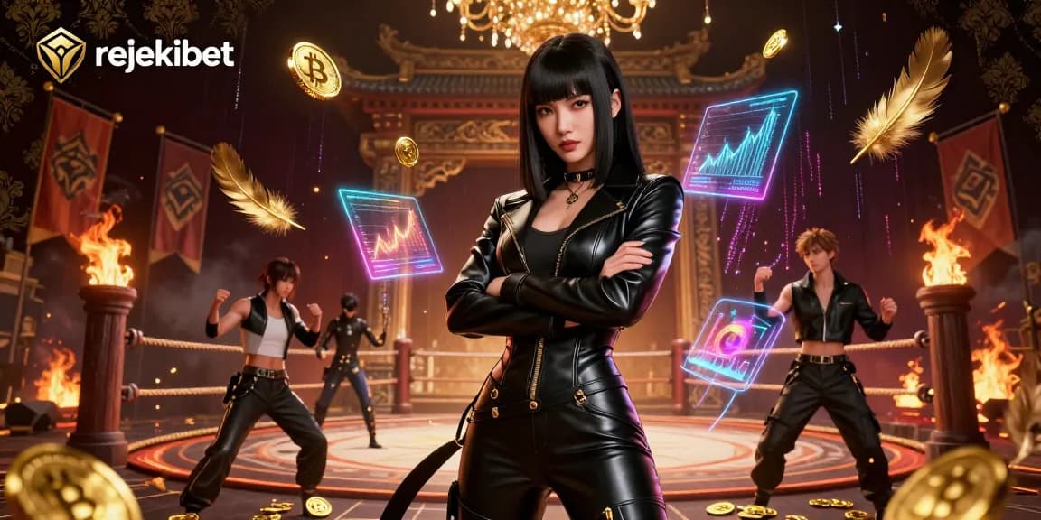 Experience rejekibet's electrifying casino gameplay with a stunning digital illustration of a confident Asian woman surrounded by vibrant gaming elements.