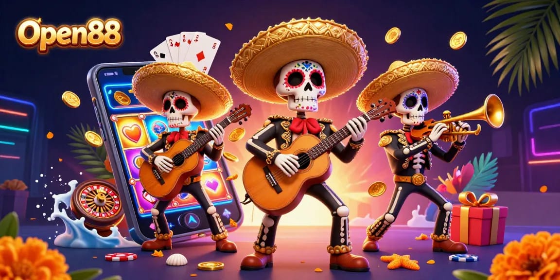 Engaging illustration of Open88 with casino elements and vibrant characters showcasing exciting gaming action.