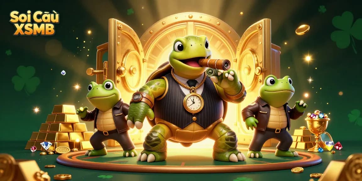 Soi Cầu XSMB - dynamic 3D casino illustration with a mobster turtle and bullfrog enforcers.