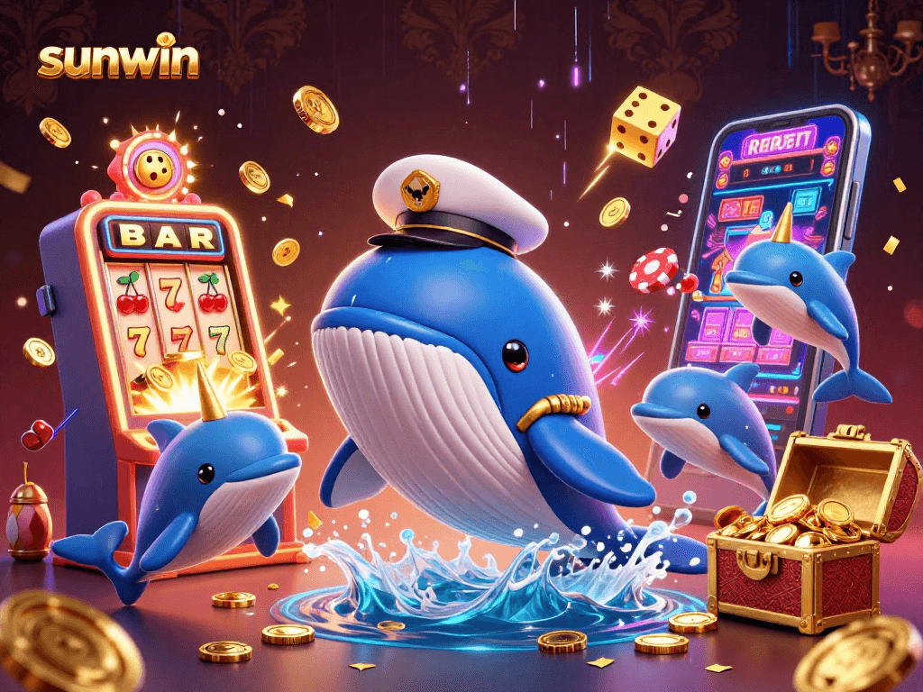 Experience the thrill of sunwin with playful dolphins and a whale captain in a vibrant casino scene.
