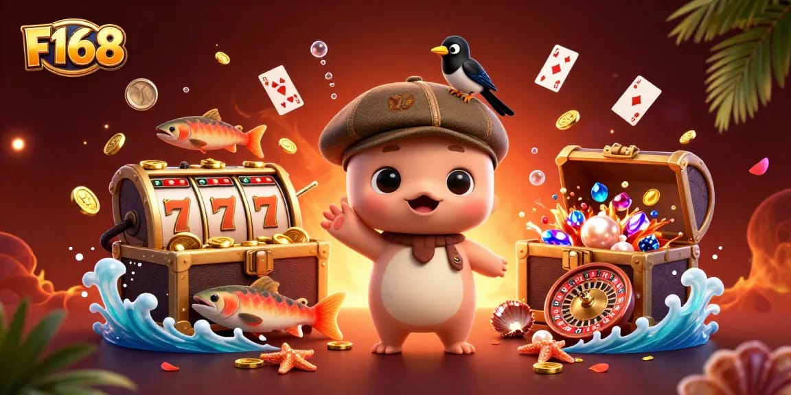 Experience exciting games at F168 with playful characters amidst vibrant casino elements.