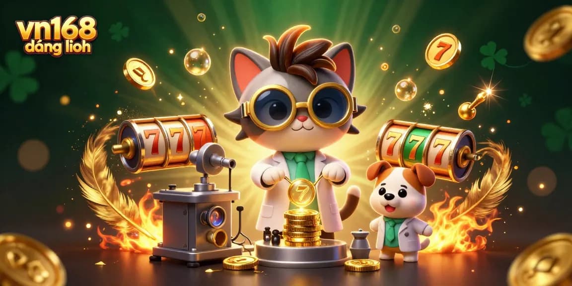 Experience thrilling gaming with vn168 đăng nhập featuring a cartoon scientist cat in an action-packed casino scene.
