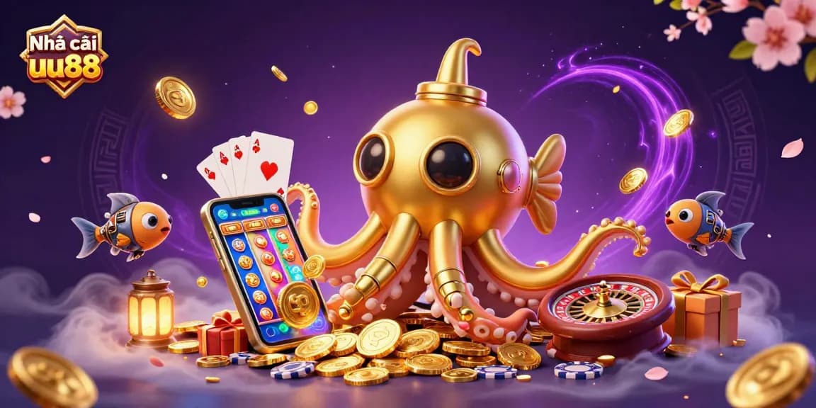 Experience the thrill of Nhà cái uu88 with a vibrant casino scene featuring a gold kraken submarine and slot games.