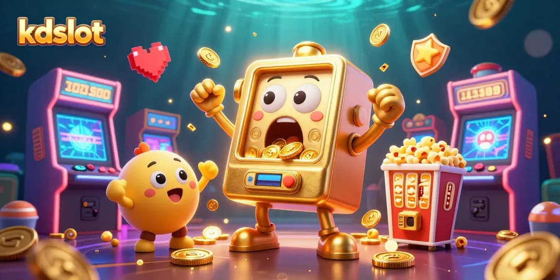 Experience kdslot's exhilarating jackpots with a 3D cartoon golden slot machine celebrating a win among cheering companions.