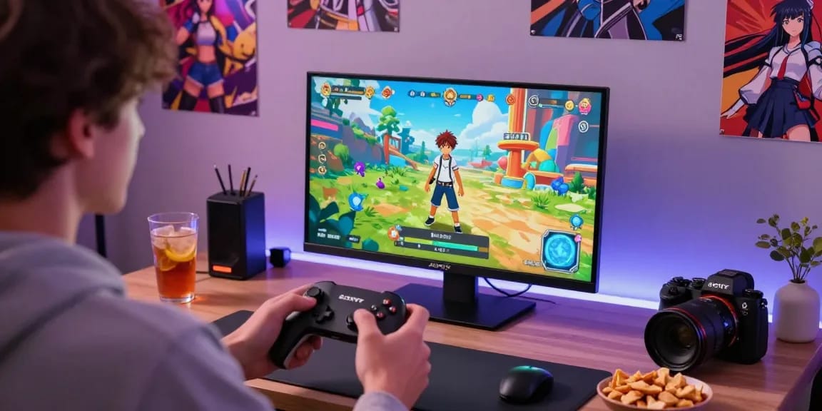 Enjoy playing an engaging android hentai game on a smartphone in a cozy gaming setup.