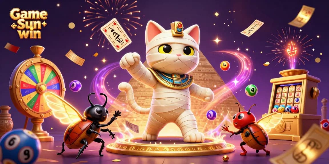 Engaging scene with Game Sun win featuring a mummy cat and glowing scarab amidst dynamic casino elements.