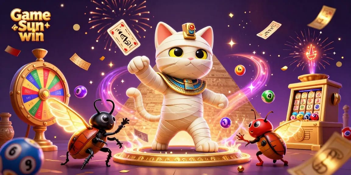 Engaging scene with Game Sun win featuring a mummy cat and glowing scarab amidst dynamic casino elements.